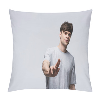 Personality  Displeased Man Showing Stop Gesture Isolated On Grey, Human Emotion And Expression Concept Pillow Covers