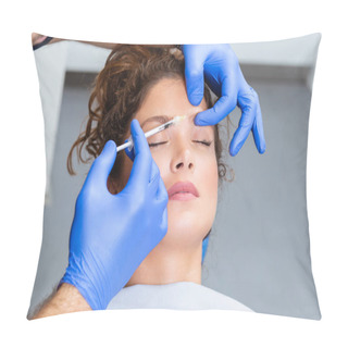 Personality  Attractive Young Woman Is Getting A Rejuvenating Facial Injections. She Is Sitting Calmly At Clinic. The Expert Beautician Is Filling Female Wrinkles By Hyaluronic Acid. Pillow Covers