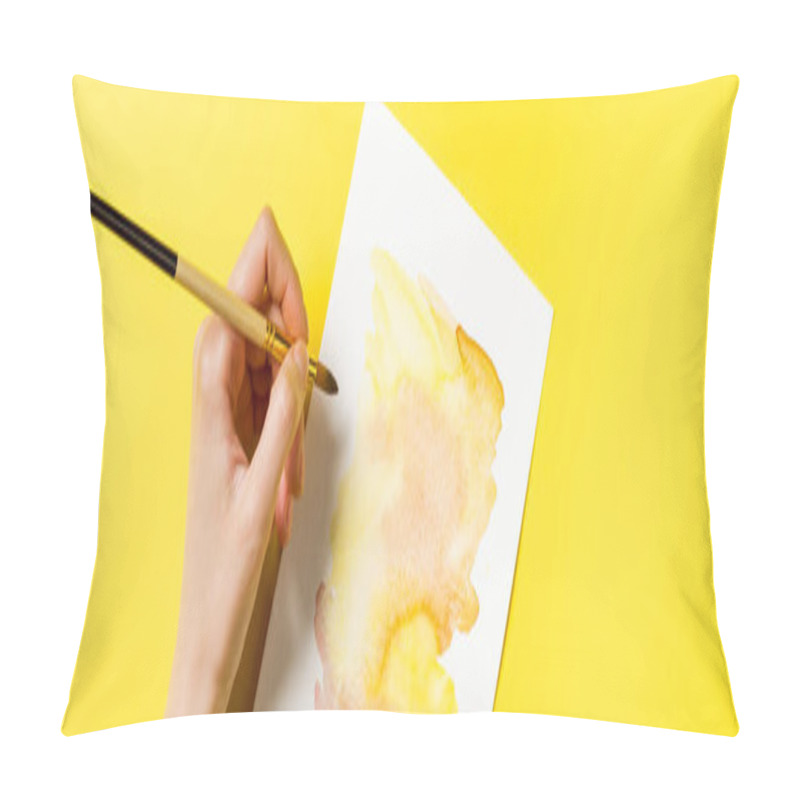 Personality  Horizontal Crop Of Artist Holding Paintbrush Near Painting On Yellow  Pillow Covers