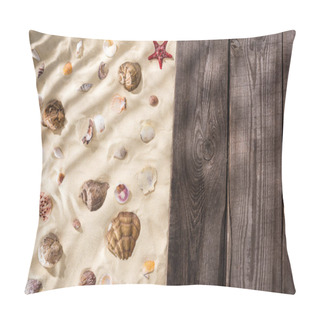 Personality  Top View Of Seashells And Starfish On Sand And Wooden Brown Board Pillow Covers