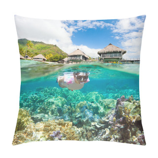 Personality  Woman Snorkeling At Coral Reef Pillow Covers