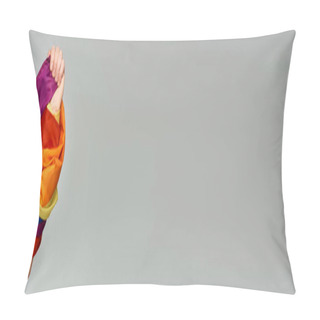 Personality  Cropped View Of Hand Of Non-binary Person Holding LGBT Flag On Grey Backdrop, Banner With Copy Space Pillow Covers