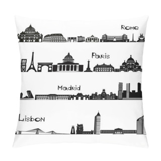 Personality  Sights Of Rome, Paris, Madrid And Lisbon, B-w Vector Pillow Covers