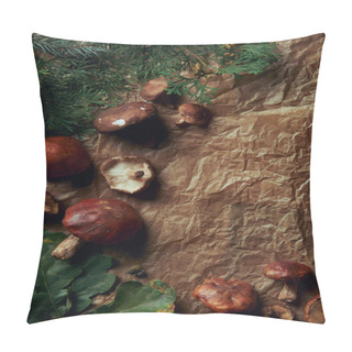 Personality  Top View Of Fresh Suillus Mushrooms And Green Leaves   Pillow Covers