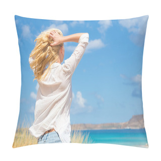 Personality  Free Happy Woman Enjoying Sun On Vacations. Pillow Covers