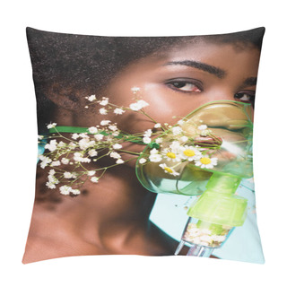 Personality  African American Young Woman With Flowers In Inhaler Isolated On Blue Background Pillow Covers