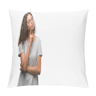 Personality  Beautiful Young Hispanic Woman Wearing Glasses With Hand On Chin Thinking About Question, Pensive Expression. Smiling With Thoughtful Face. Doubt Concept. Pillow Covers