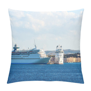 Personality  Big White Cruise Ship In The Port Of The Island Of Rhodes Greece Pillow Covers