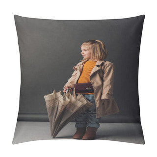 Personality  Cute Kid In Trench Coat And Jeans Holding Umbrella And Looking Away  Pillow Covers
