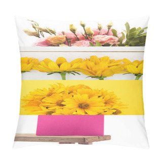 Personality  Collage Of Yellow And Pink Flowers And Wooden Bench On White  Pillow Covers