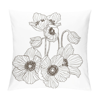 Personality  Anemone Flower Vector Drawing Bouquet. Isolated Wild Plant And Leaves. Herbal Engraved Style Illustration. Detailed Botanical Sketch. Flower Concept. Botanical Concept. Pillow Covers