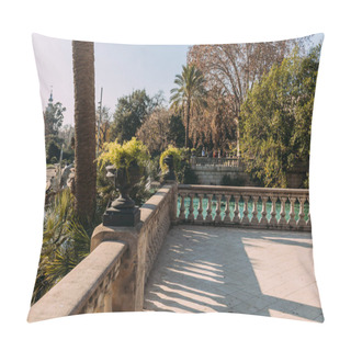 Personality  BARCELONA, SPAIN - DECEMBER 28, 2018: Beautiful Balustrade With Stone Vases In Parc De La Ciutadella Pillow Covers