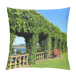 Personality  Row Of Arches In Park, Covered In Ivy. A Red Bench Sits In Front  Pillow Covers