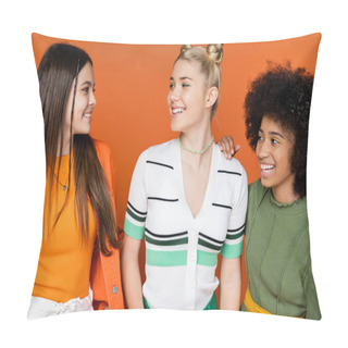 Personality  Portrait Of Positive And Multiethnic Teenage Girlfriends In Trendy Outfits With Makeup Talking And Looking At Each Other On Orange Background, Cultural Diversity And Generation Z Fashion Concept Pillow Covers