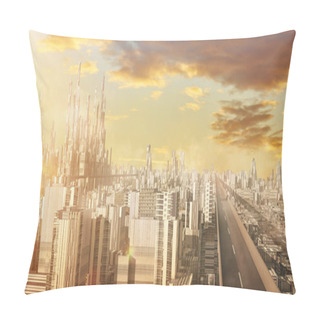 Personality  Highway Overpass With Futuristic Sci-fi City And Commercial Office Building . 3d Illustration Rendering . Pillow Covers