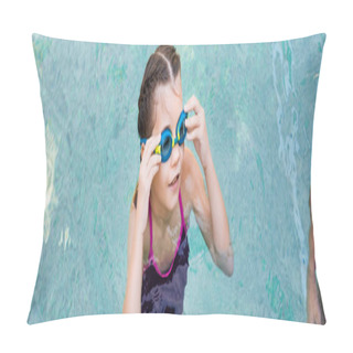 Personality  Horizontal Image Of Girl In Pool Touching Swim Goggles While Looking Away Pillow Covers