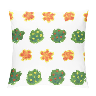 Personality  Seamless Pattern Of Yellow Flowers And Lush Green Bushes On A White Background. Decorate Fabric, Wallpaper, Wrapper, Holiday. Doodle Country Style. Handwork. Pillow Covers