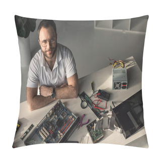 Personality  Smiling Man With Crossed Hands On Table Looking At Camera  Pillow Covers