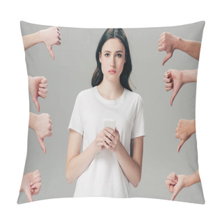 Personality  Cropped View Of Men And Women Showing Thumbs Down Near Upset Girl With Smartphone Isolated On Grey Pillow Covers