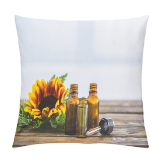 Personality  Bottles With Essential Oils, Dropper And Sunflower On White Background Pillow Covers