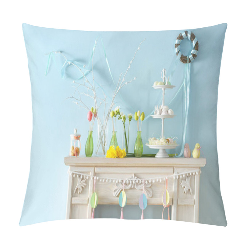 Personality  Easter symbols and treats with flowers on mantelpiece  pillow covers