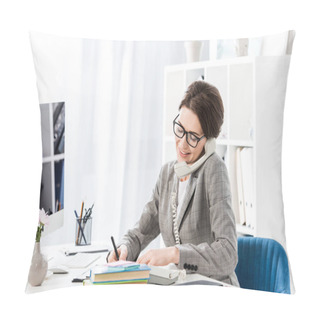 Personality  Smiling Attractive Businesswoman Talking By Stationary Telephone In Office Pillow Covers