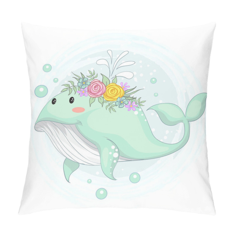 Personality  Vector Illustration Of A Cute Whale With A Flower Crown Hand Draw. Pillow Covers