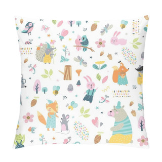 Personality  Seamless Childish Pattern With Woodland Animals. Cute Hedgehog, Bear, Raccoon, Fox, Bunny, Squirrel, Wolf In Clothes, Funny Characters. Creative Scandinavian Kids Texture For Fabric, Wrapping, Textile Pillow Covers