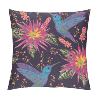 Personality  Seamless Pattern With Hummingbird, Tropical Flowers,berries And Leaves. Exotic Flora And Fauna. Vintage Hand Drawn Vector Illustration In Watercolor Style Pillow Covers