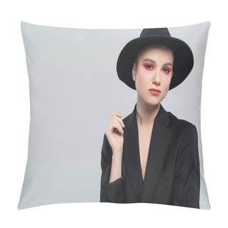 Personality  Stylish Woman In Black Blazer And Fedora Hat Looking At Camera Isolated On Grey Pillow Covers