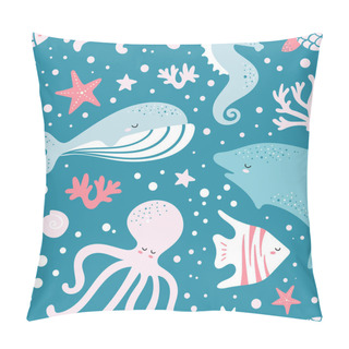 Personality  Cute Seamless Pattern With Fish, Whale, Octopus, Seashell, Corals. Vector Childrens Background. Printing On Fabric, Clothing, Wallpaper. Pillow Covers
