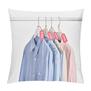 Personality  Elegant Shirts Hanging With Sale Labels Isolated On White Pillow Covers