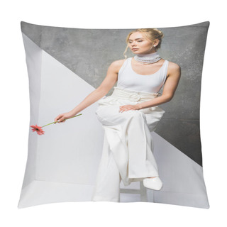 Personality  Blonde Pretty Girl Sitting And Holding Pink Flower On White And Grey  Pillow Covers