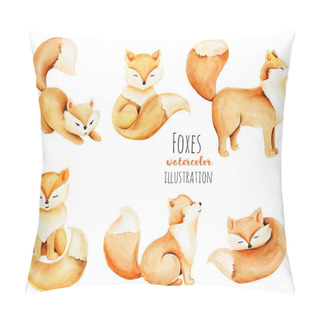 Personality  Collection Of Watercolor Cute Foxes Illustration, Hand Drawn Isolated On A White Background Pillow Covers