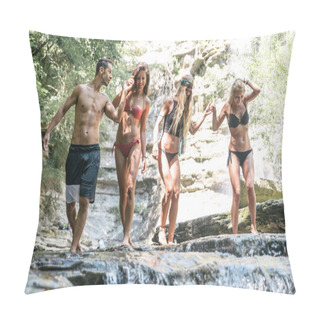 Personality  Friends Making Excursion In Jungle With Waterfall Pillow Covers