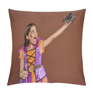 Personality  Scared Girl In Halloween Costume Looking At Black Spider And Screaming On Brown Backdrop, October 31 Pillow Covers