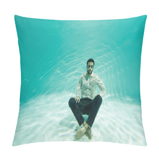 Personality  Arabian Businessman Swimming With Crossed Legs In Pool  Pillow Covers