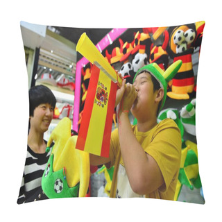 Personality  A Young Chinese Buyer Blows A Horn With A National Flag Of Spain Produced For The 2014 Brazil World Cup In A Shop At The Yiwu International Trade City In Yiwu City, East Chinas Zhejiang Province, 6 May 2014. Pillow Covers