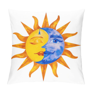 Personality  Bright Watercolor Illustration Of Sun With Closed Eye And Moon With An Open. Pillow Covers