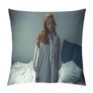 Personality  Creepy Demonic Girl In Nightgown Standing In Bedroom Pillow Covers