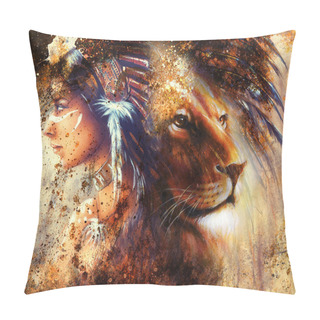 Personality  Indian Woman Wearing  Feather Headdress With Lion And Abstract Color Collage Pillow Covers