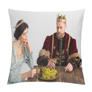 Personality  Thoughtful Queen And King With Crowns Sitting At Table Isolated On Grey Pillow Covers