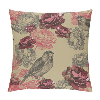Personality  Vector Illustration. Seamless Floral Pattern With Roses And Bird Pillow Covers
