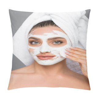 Personality  Woman With Towel On Head Rinsing Clay Mask Off Face With Cotton Pad Isolated On Grey Pillow Covers