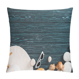 Personality  Top View Of Sun Hat, Sunglasses Near Sea Stones And Seashells On Dark Wooden Background Pillow Covers