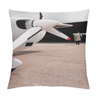 Personality  Back Vew Of Man In Coat With Bag And Plane On Foreground Pillow Covers