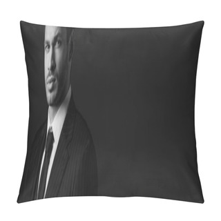 Personality  Monochrome Image Of Confident Mafioso Isolated On Black, Panoramic Shot Pillow Covers