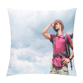 Personality  Handsome Tourist In Hat Looking Away, With Cloudy Sky Background Pillow Covers