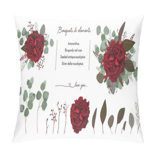 Personality  Vector Floral Bouquet Design With: Garden Red Burgundy Rose Flower, Seeded Eucalyptus Branch & Silver Green Fern Leaves, Watercolor Designer Editable Elements Set. Marsala Wedding Invite Card Postcard Pillow Covers