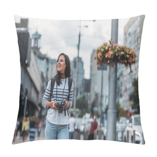 Personality  Smiling Woman With Digital Camera Looking Away With Backpack Pillow Covers